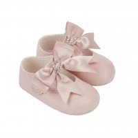 B060: Baby Girls Bow & Diamante Soft Soled Shoe-Dusty Pink (Shoe Sizes: 0-3)